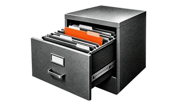 Archivero con carpetas de clientes ordenadas y una carpeta naranja